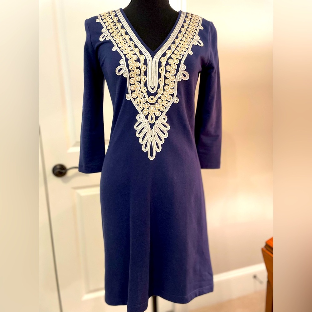 Lilly Pulitzer blue and gold cotton mini dress.